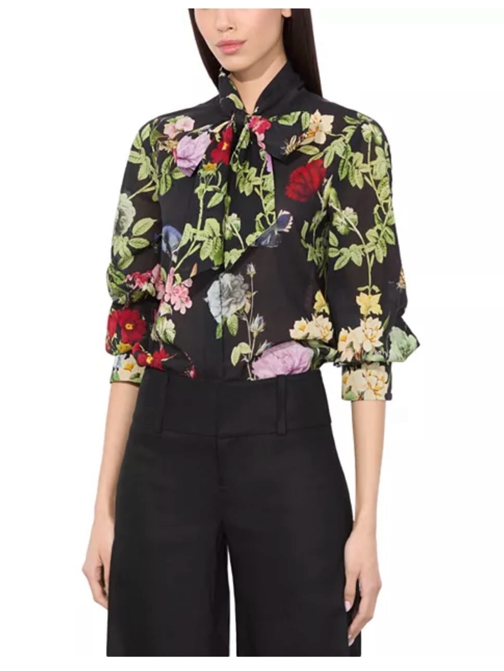 Alice and Olivia Floral Tie-Neck black shirt top